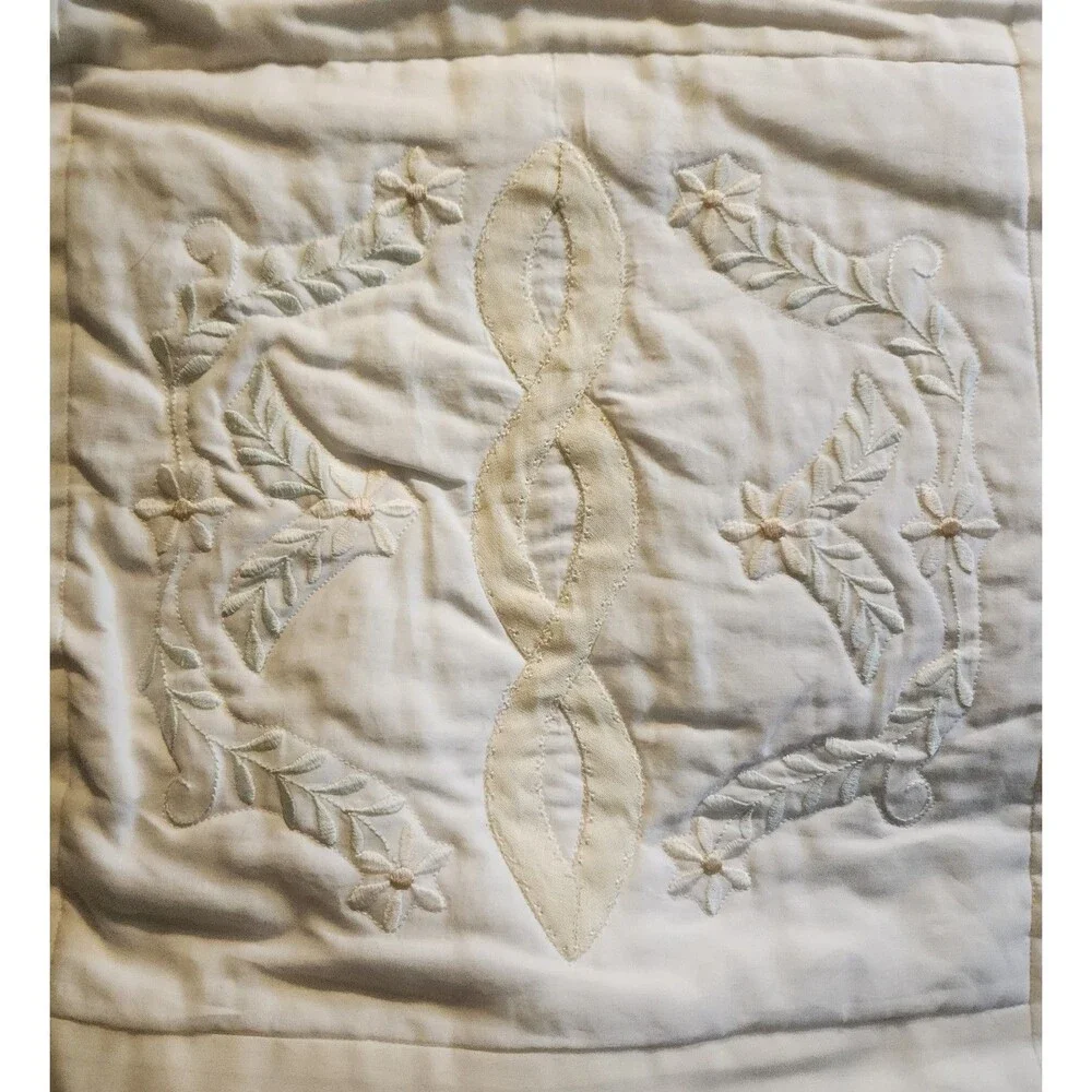 Handmade Baby Quilt Cream & White w/ Embroidery Lace Inset 42